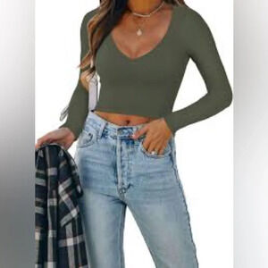 ReVamped Olive Green Long-Sleeve V-Neck Double Layer Crop  Top - Size L